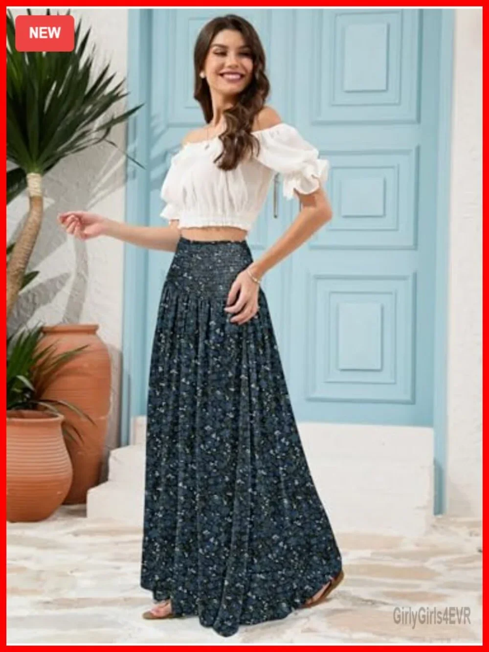 Womens Maxi Skirt Smocked Boho Flowy Casual Long Skirt High Waisted